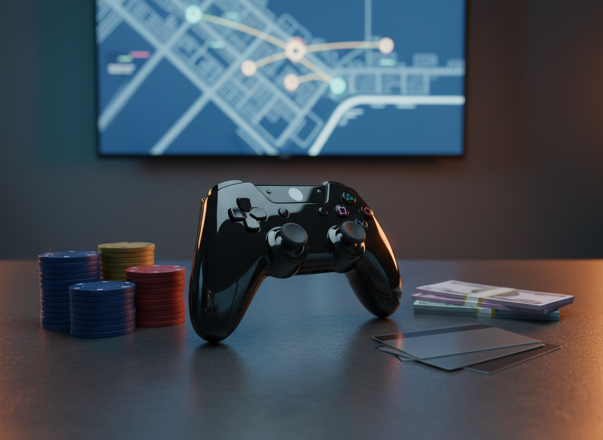 A dramatic cinematic close-up of a glossy black console controller resting on a brushed gunmetal tabletop, surrounded by symbols of organized wealth. Beside it lie neatly arranged poker chips, sleek metal credit cards without visible logos, and a small stack of crisp banknotes with generic designs. In the blurred background, a large wall-mounted screen displays an open-world city map interface and mission icons, no readable words. Cool bluish LED light from the screen washes over the scene, mixed with a faint warm glow from an unseen desk lamp, creating high-contrast highlights and soft shadows. The mood is intense and professional, suggesting calculated gameplay and financial strategy. Captured at eye level with shallow depth of field for a cinematic, photorealistic look.