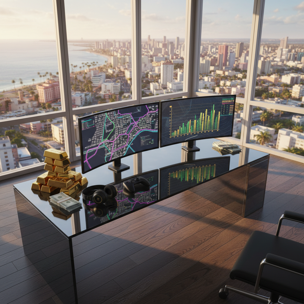 A luxurious high-rise penthouse office overlooking a dense coastal metropolis reminiscent of GTA 6’s Vice City setting, captured in cinematic realism. A large glass desk with a reflective surface dominates the foreground, neatly arranged with dual ultra-wide gaming monitors showing stylized open-world maps and stock-style profit graphs, no readable text. Stacks of metallic gold bars and neatly bundled cash sit beside a high-end console controller and noise-cancelling headset. Warm late-afternoon sunlight pours through floor-to-ceiling windows, casting long shadows across dark hardwood floors and highlighting the wealth symbolism. The mood is focused and strategic, emphasizing disciplined money-making both in-game and in business. Shot from a slightly elevated three-quarter angle with clean composition and subtle depth of field.