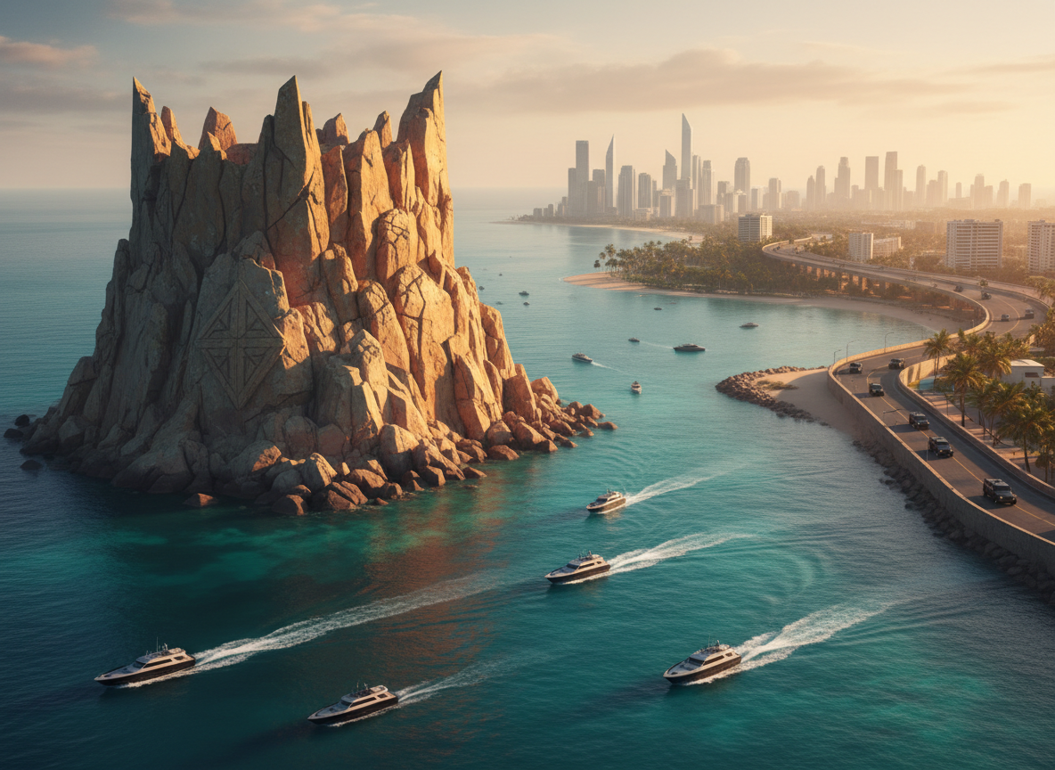 A powerful, emblematic rocky island emerging from tropical turquoise waters, representing “Roca Madre” as the solid foundation of an empire. The massive central rock formation has sharp, angular edges and a natural crown-like silhouette, with subtle geometric patterns carved by erosion. In the midground, sleek modern speedboats and armored SUVs on a nearby causeway hint at high-level operations within a GTA‑style coastal city that shimmers in the distant background. Golden hour sunlight bathes the rock in warm tones, casting long, dramatic shadows and emphasizing its texture. The mood is aspirational and unshakable, symbolizing stability, power, and growth. Cinematic wide-angle composition with the rock on the rule of thirds, sharp photorealism, and soft atmospheric haze over the city.
