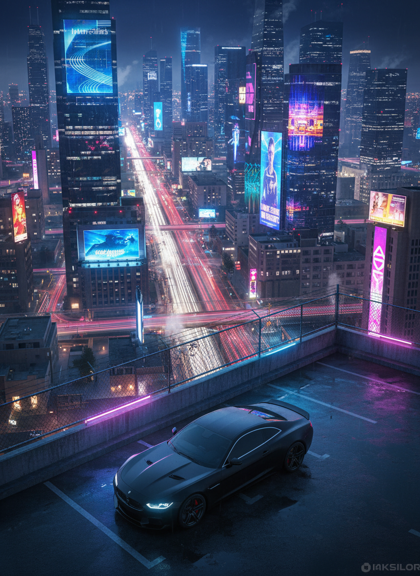 A sprawling neon-soaked fictional cityscape at night, inspired by next‑gen open-world games, viewed from a high cinematic angle. Towering glass skyscrapers with holographic billboards dominate the horizon, while wide avenues below glow with streaks of headlights and reflections on rain-slick asphalt. In the foreground, a sleek matte-black getaway car with subtle chrome accents waits at the edge of a rooftop parking lot, doors closed and no driver visible. Soft blue and magenta city lights rim the car’s contours, creating a dramatic silhouette. The atmosphere feels ambitious and professional, suggesting high-stakes missions and empire building. Photorealistic cinematic style, sharp focus on the car and rooftop barrier, with the distant city rendered in rich, slightly hazy depth.