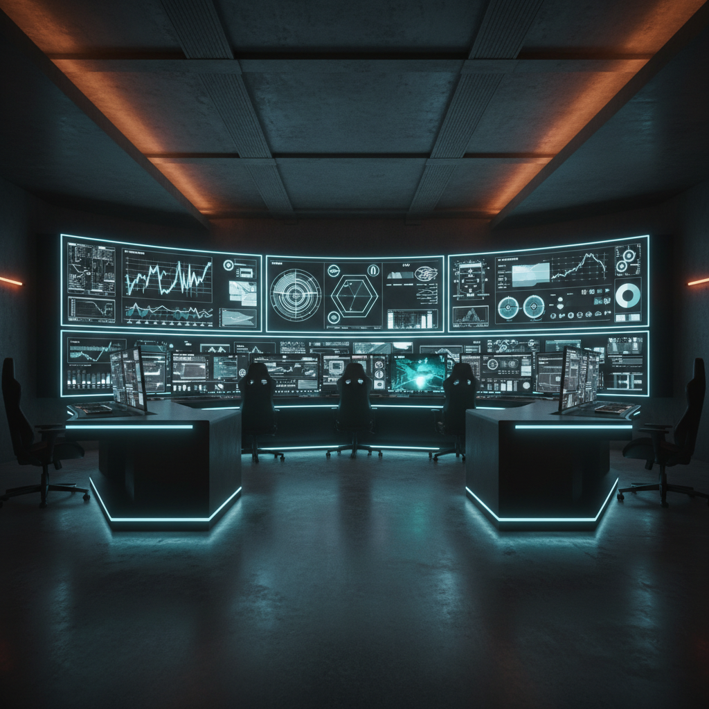 An underground high-tech command center dedicated to mastering GTA 6, designed in a sleek, professional style. A curved wall of large monitors displays stylized mission dashboards, in-game financial charts, and live city camera feeds, all with abstract icons and HUD elements instead of text. In front, a row of minimalist black gaming chairs remains empty, emphasizing systems over individuals. The polished concrete floor reflects cool blue and teal LED strips running along the consoles, while subtle warm accent lights add depth. The atmosphere is focused and strategic, like a control room for building an empire. Captured in cinematic realism from a slightly low wide-angle perspective to emphasize scale, with crisp details throughout and a subtle vignette drawing the eye to the central screens.
